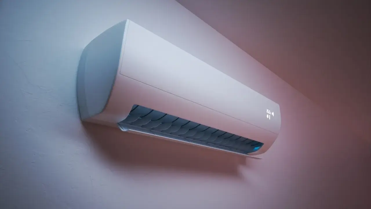 Un moderno aire acondicionado blanco en una pared, con rejillas azules y una pantalla digital. Su funcionamiento es silencioso, con bajos decibelios aire acondicionado.