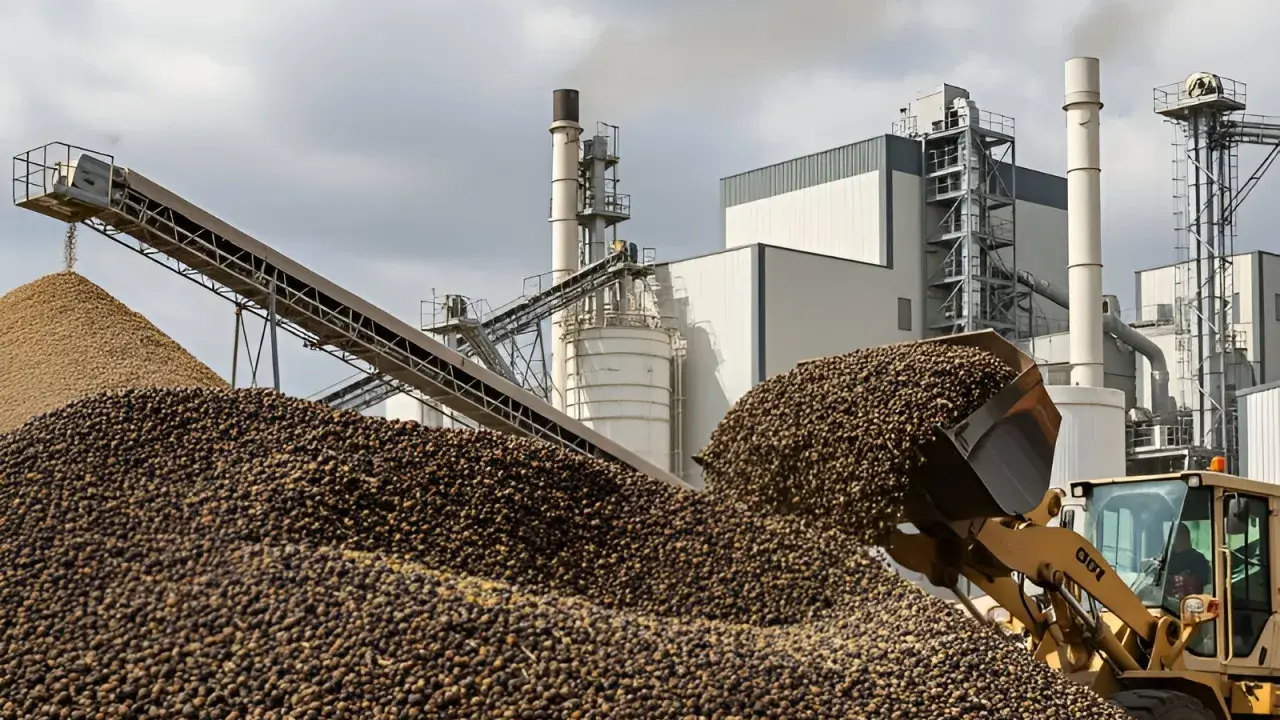 Cargador frontal descarga montón de aceitunas en planta industrial. Humo sale de la caldera.