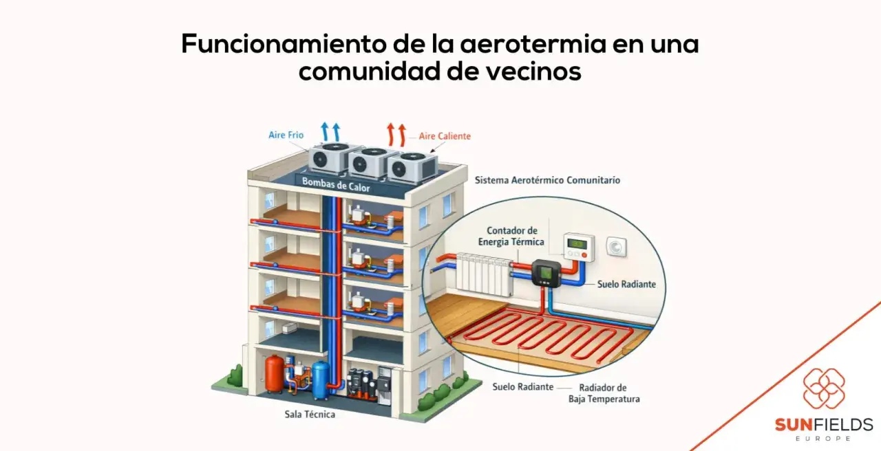 Diagrama ilustra aerotermia comunitaria o individual en un edificio, mostrando bombas de calor, suelo radiante y sala técnica.