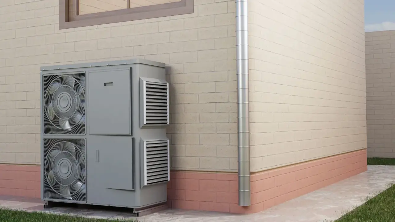 Unidad exterior de aire acondicionado para calefacción por inercia, instalada junto a una pared de ladrillo.