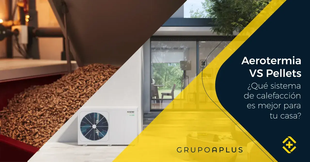 Comparativa entre aerotermia y pellets para tu hogar. Una unidad exterior de aerotermia junto a un depósito de pellets.