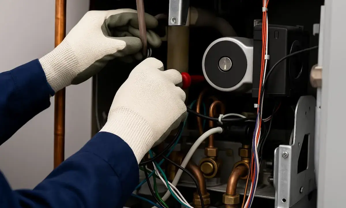 Técnico revisa el funcionamiento de una caldera, manipulando cables y tuberías de cobre.