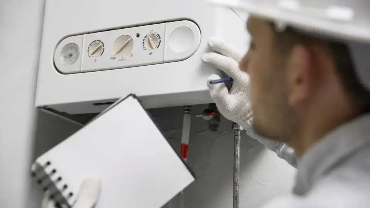 Técnico revisa una caldera de condensación, anotando detalles en su libreta.
