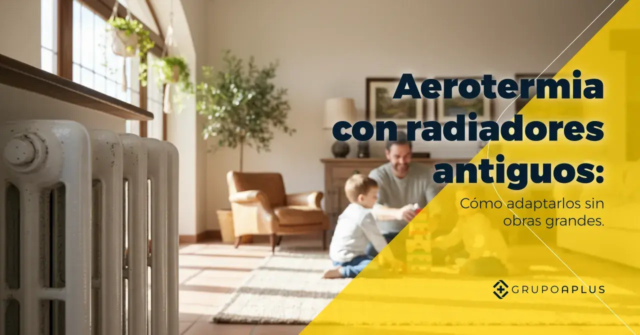 Radiador antiguo blanco junto a familia jugando. Aerotermia con radiadores antiguos: cómo adaptarlos sin obras grandes.