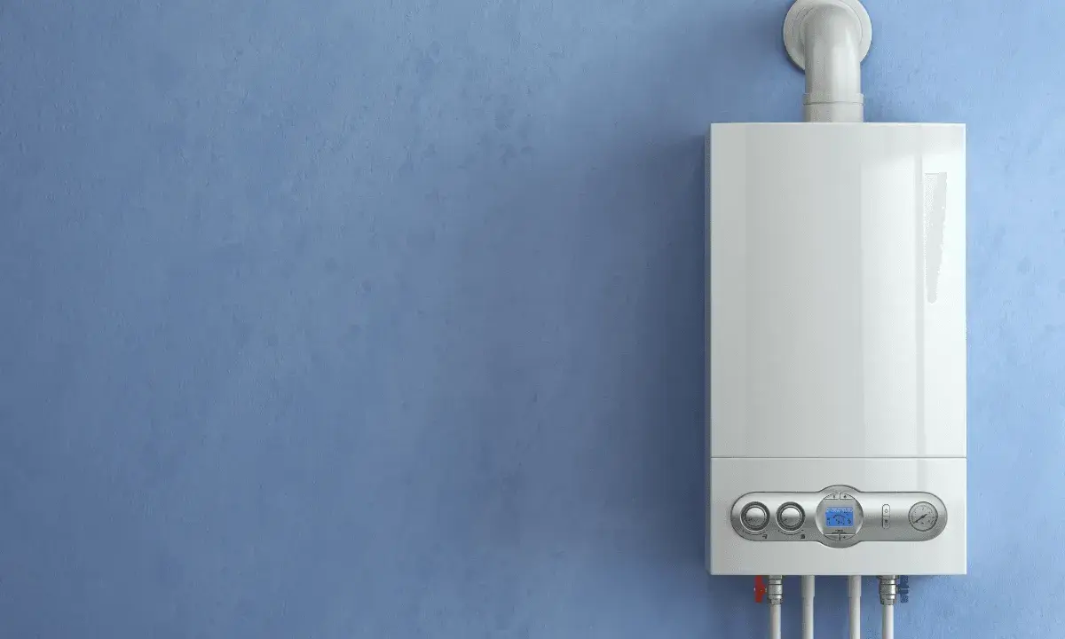 Calderas ecológicas modernas colgadas en pared azul. Eficiencia y confort para tu hogar.