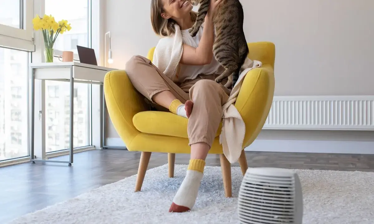 Mujer feliz abraza a su gato en un sillón amarillo, con un calefactor portátil cerca, la mejor forma de calentar una casa.