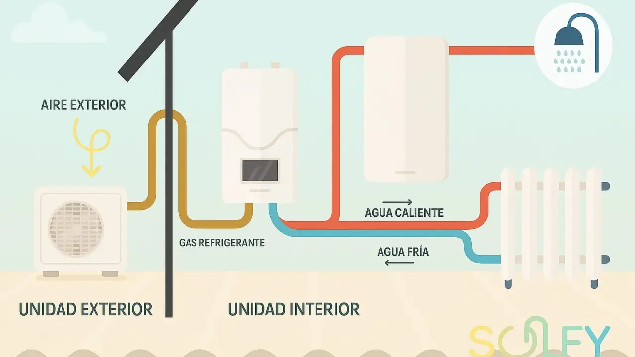 Diagrama de una bomba de calor para radiadores alta temperatura: unidad exterior capta aire, unidad interior calienta agua para radiador y ducha.