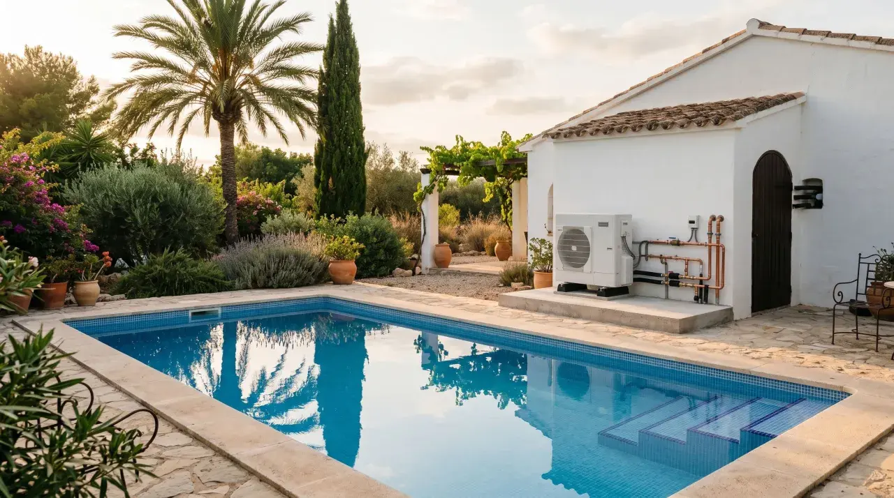 Piscina de baldosas azules con escalones, rodeada de un jardín exuberante y una casa blanca. El sol del atardecer ilumina el **suelo radiante** de la zona de la **piscina**.