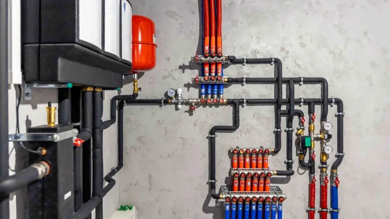 Sistema de calefacción con caldera, depósito rojo y tuberías aisladas. ¡Qué bien que puedo cambiar yo mismo la caldera si hace falta!