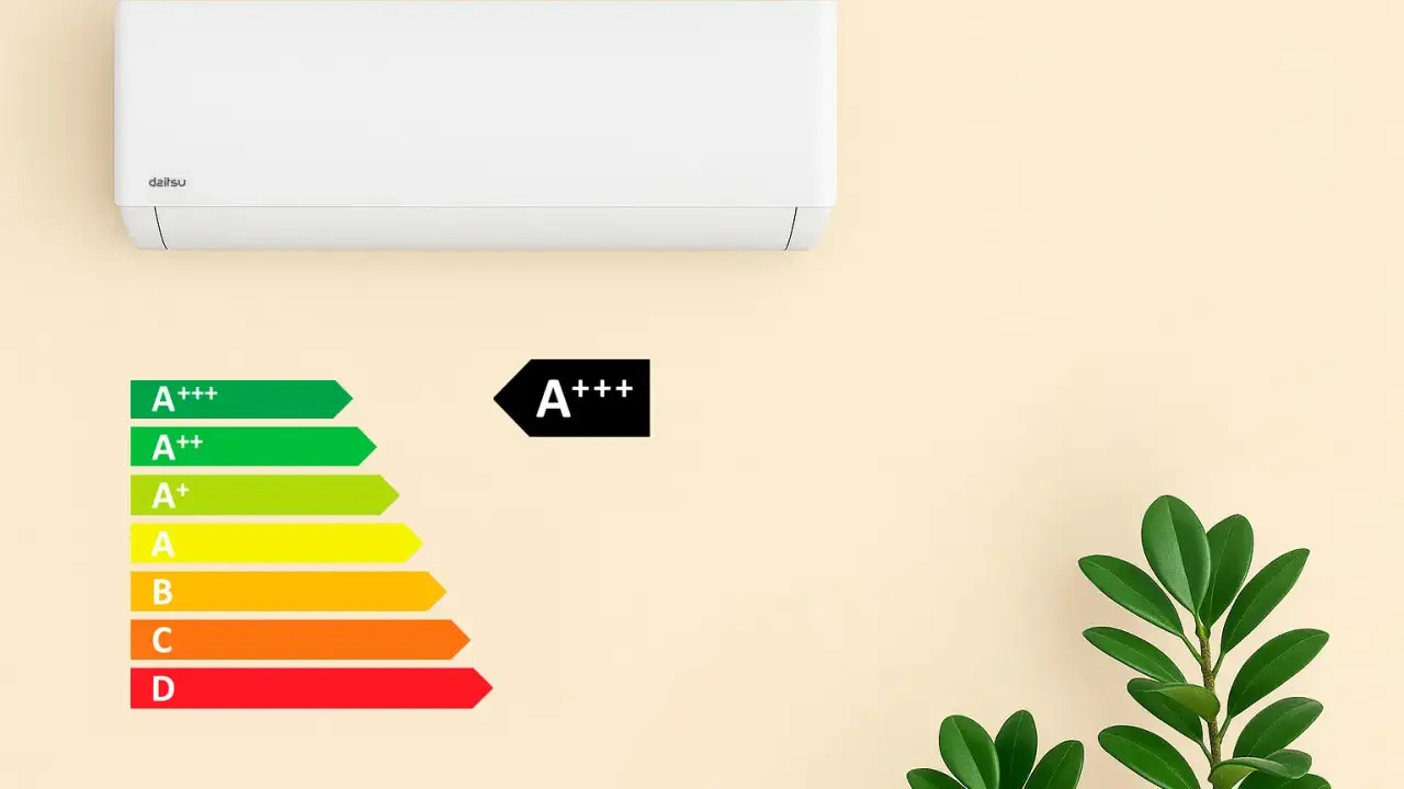 Etiqueta energética de aire acondicionado. Compara la diferencia de consumo entre A++ y A+++ para un hogar eficiente.