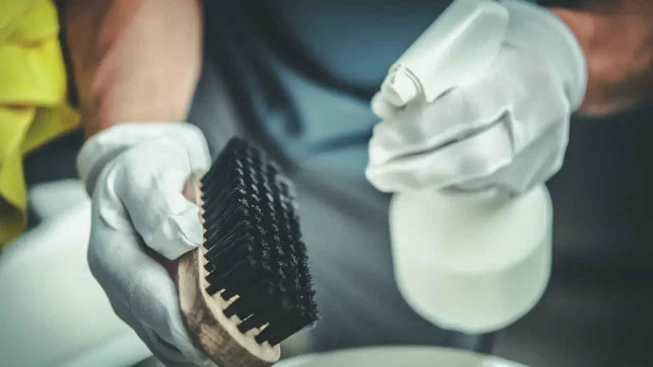 Manos enguantadas sostienen cepillo y spray. Preparación para la limpieza de estufa de pellets, consulta el precio limpieza estufa pellets.