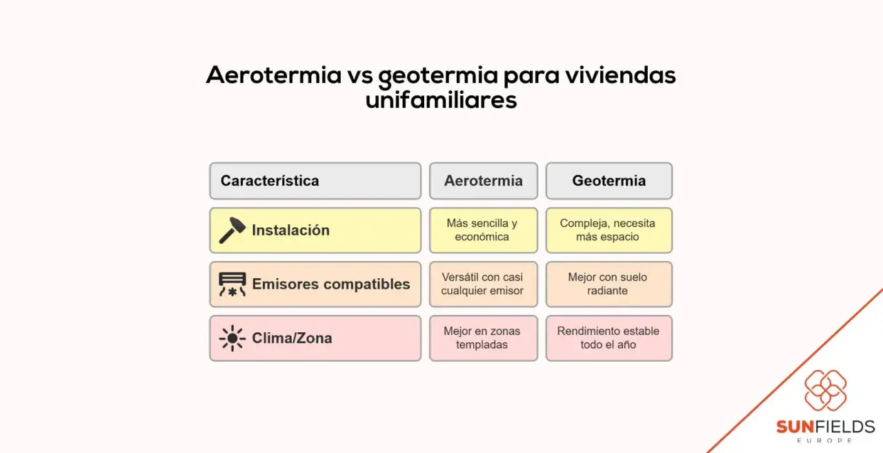 Tabla comparativa de aerotermia y geotermia para viviendas. La aerotermia es más sencilla y económica, mientras que la geotermia es más compleja.