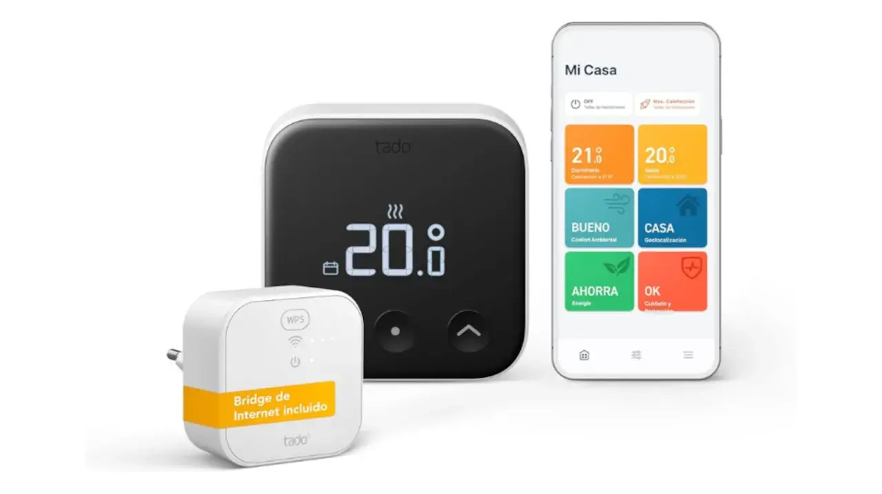 Termostato Tado inteligente con pantalla digital mostrando 20.0°C y app móvil. Un puente de internet incluido.