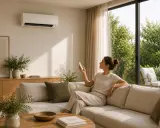 Mujer en sofá blanco, con mando a distancia, mirando al aire acondicionado. Parece que hay un problema con el aire acondicionado.