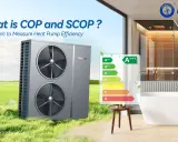Unidad exterior de bomba de calor Newntide en un jardín, con etiqueta de eficiencia energética A+++. Muestra el coeficiente de rendimiento para medir la eficiencia.