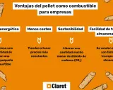 Infografía sobre las ventajas del pellet como combustible para empresas. Destaca eficiencia, menores costes, sostenibilidad y facilidad de transporte y almacenamiento.