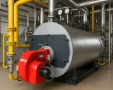 Gran caldera de vapor industrial con quemador rojo y tuberías amarillas.