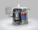 Corte de caldera de gasoil mostrando sus partes internas: quemador, depósito de agua caliente y sistema de control.
