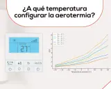 Control de aerotermia mostrando 27°C. Gráfico de COP vs. temperatura exterior, ideal para optimizar la temperatura del agua en verano.