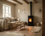 Estufa de pellets moderna y eficiente, ideal para calentar hasta 200 metros cuadrados, creando un ambiente acogedor.