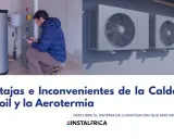 Un hombre revisa una tablet junto a un depósito de calefacción central gasoil. A la derecha, unidades exteriores de aire acondicionado.