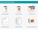 Diversos modelos de estufas de biomasa: de pellets, de leña, cocina de leña, calderas y hogar cerrado.