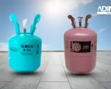 Dos cilindros de gas refrigerante: uno azul con etiqueta "GLOBAL R-32" y otro rosa con "GLOBAL 410A". Ideales para tu sistema de gas aire acondicionado.