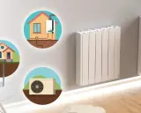 Radiador moderno y tres círculos ilustrando cómo instalar calefacción sin obras: geotermia, aerotermia y caldera.