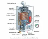 Diagrama de una caldera mostrando sus componentes internos. Se ve el intercambiador de calor, quemador y ventilador. ¡Ojalá la caldera haga ruido de agua pronto!