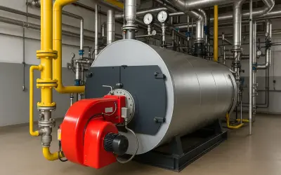 Gran caldera de vapor industrial con quemador rojo y tuberías amarillas.