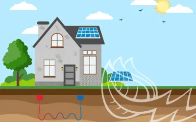 Ilustración de una casa con paneles solares y un sistema de geotermia como funciona, mostrando el calor del subsuelo.