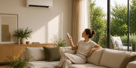 Mujer en sofá blanco, con mando a distancia, mirando al aire acondicionado. Parece que hay un problema con el aire acondicionado.