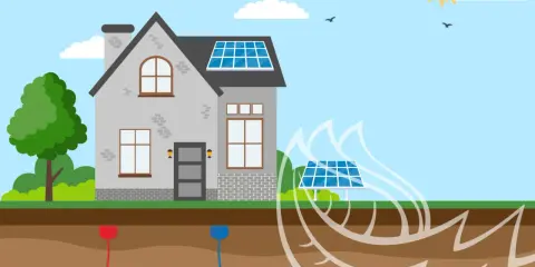 Ilustración de una casa con paneles solares y un sistema de geotermia como funciona, mostrando el calor del subsuelo.