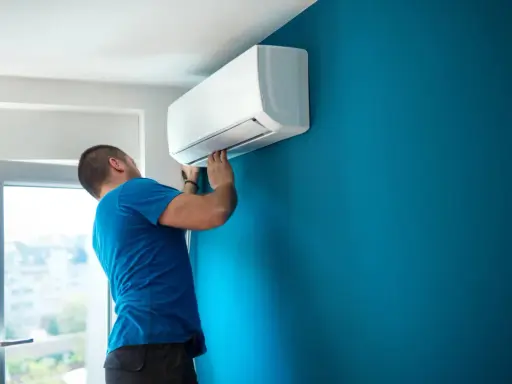 Técnico con carnet instalador aire acondicionado ajusta unidad interior en pared azul.