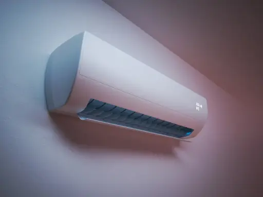 Un moderno aire acondicionado blanco en una pared, con rejillas azules y una pantalla digital. Su funcionamiento es silencioso, con bajos decibelios aire acondicionado.