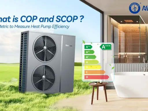 Unidad exterior de bomba de calor Newntide en un jardín, con etiqueta de eficiencia energética A+++. Muestra el coeficiente de rendimiento para medir la eficiencia.