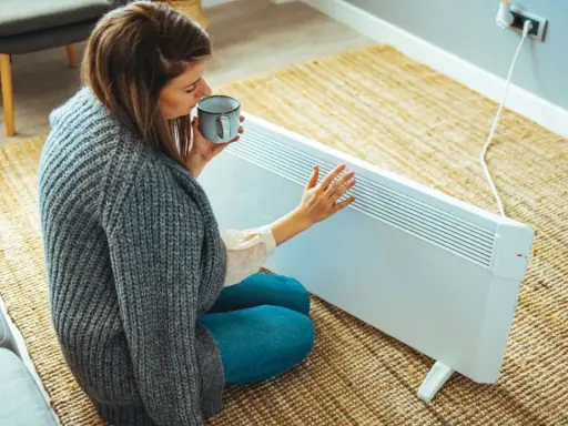 Mujer con taza de té cerca de un calefactor eléctrico, una solución para la alternativa al gas en un piso.
