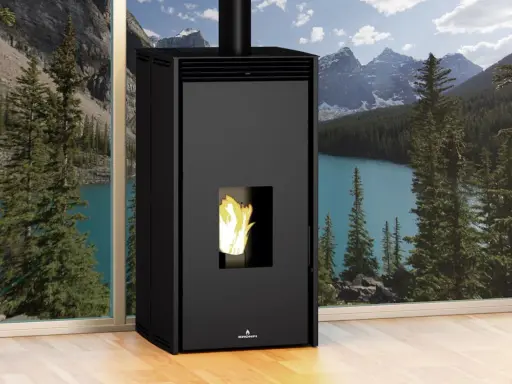 Estufa de pellets negra con llama encendida, ideal para saber como subir la temperatura a una estufa de pellets y disfrutar de un ambiente acogedor.
