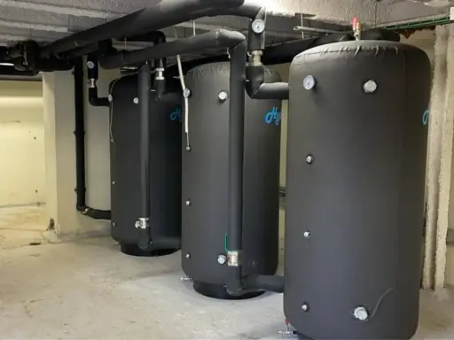 Tres grandes calderas para hoteles, con aislamiento negro y tuberías conectadas, listas para proveer agua caliente.