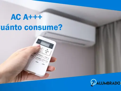 Mano sujetando control remoto de aire acondicionado con etiqueta "AC A+++ ¿Cuánto consume?". Descubre la eficiencia energética y el consumo de tu aire acondicionado con la función smart.