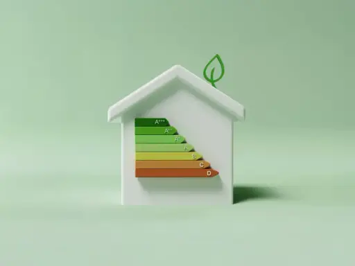 Casa blanca con escala de eficiencia energética, destacando la aerotermia CE3X para un hogar sostenible.