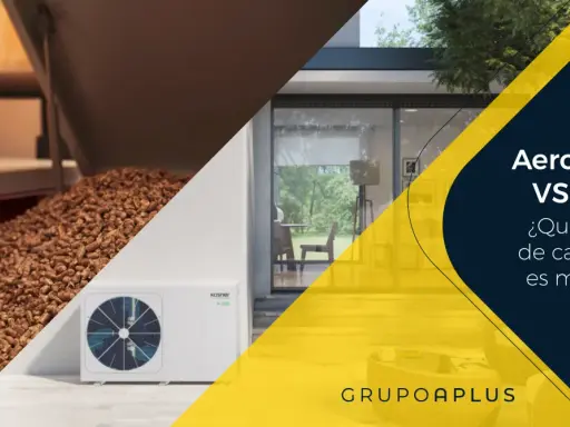 Comparativa entre aerotermia y pellets para tu hogar. Una unidad exterior de aerotermia junto a un depósito de pellets.