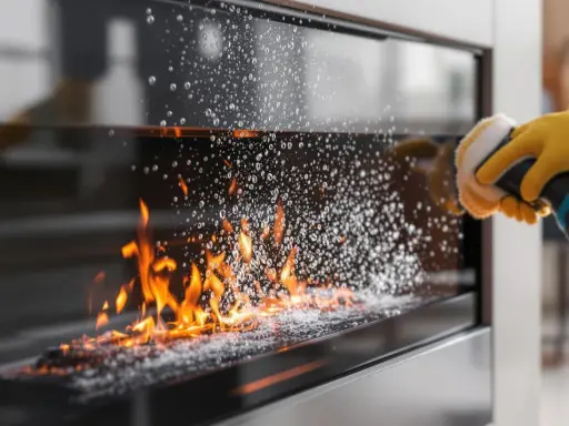 Mano con guante amarillo limpiando el cristal de la chimenea con un cepillo eléctrico. Las llamas arden detrás del cristal cubierto de burbujas.