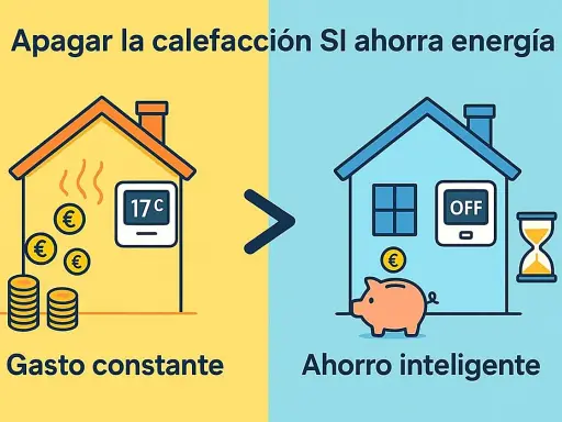 La calefacción domótica apagada ahorra energía. Una casa con termostato a 17°C y monedas frente a una casa con termostato OFF, hucha y reloj de arena.