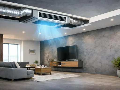 Un sistema fancoil integrado en el techo distribuye aire fresco en un salón moderno con sofá gris y TV.