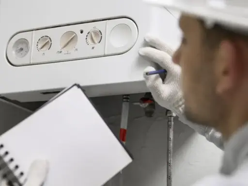 Técnico revisa una caldera de condensación, anotando detalles en su libreta.