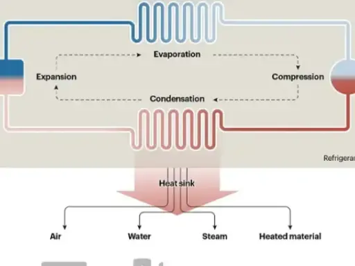 Diagrama de una bomba de calor geotérmica mostrando expansión, evaporación, compresión y condensación, con un sumidero de calor que distribuye energía a aire, agua, vapor y material calentado.