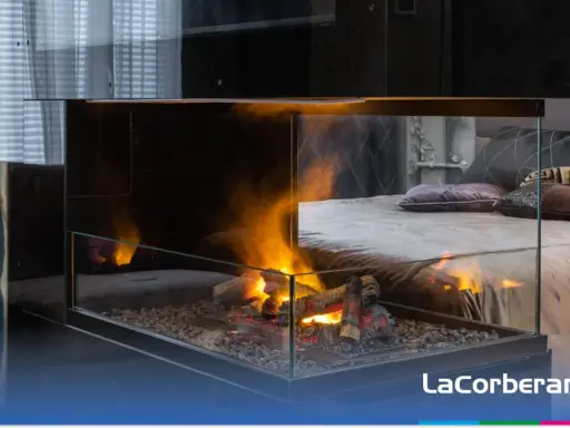 Un moderno sistema cristal limpio chimenea con llamas danzantes ilumina una acogedora habitación.