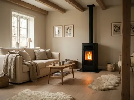 Estufa de pellets moderna y eficiente, ideal para calentar hasta 200 metros cuadrados, creando un ambiente acogedor.