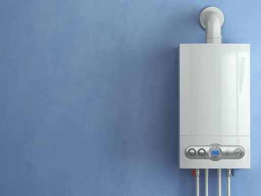 Calderas ecológicas modernas colgadas en pared azul. Eficiencia y confort para tu hogar.